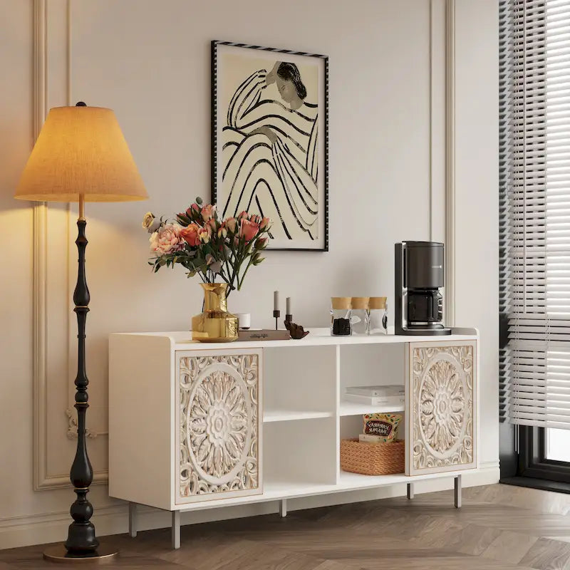 Meuble TV buffet blanc style Mid-Century Modern