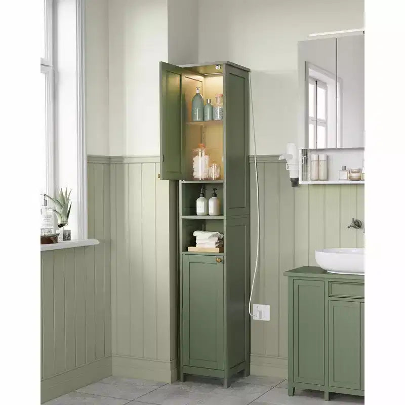 Meuble colonne de salle de bain avec lumières, Meuble de rangement de salle de bain fin, Armoire étroite autoportante avec étagères réglables, pour petits espaces, Moderne
