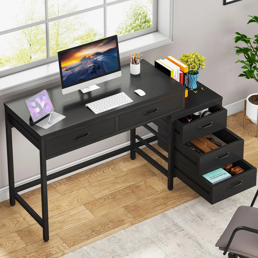 Bureau d'ordinateur réversible avec 5 tiroirs, bureau de travail à domicile avec caisson de rangement pour dossiers et support pour imprimante
