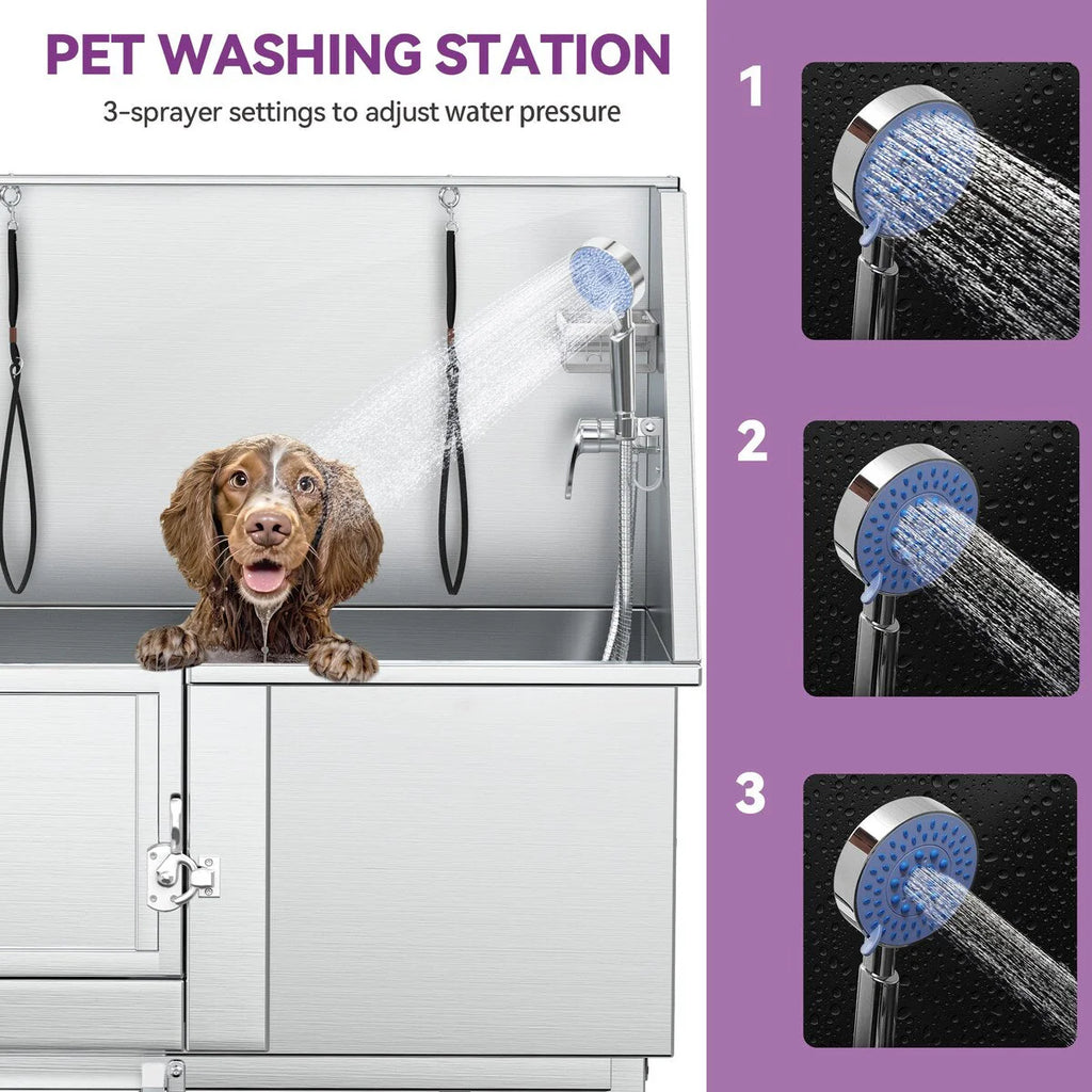 50'' W Stainless Steel Adjustable Pet Grooming Tub with Steps Ramp
