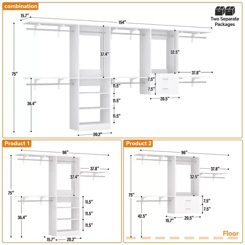 Freestanding Closet System with 8 Hannging Rods and Drawers, Hanging Closet Organizer with 10 Shelves