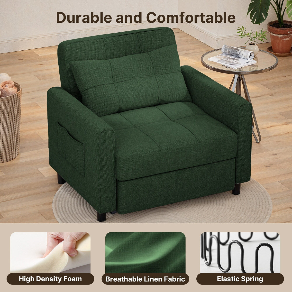 3-in-1 Adjustable Sleeper Sofa Bed, Pull Out Chair Sofa, Convertible Folding Bed for Living Room