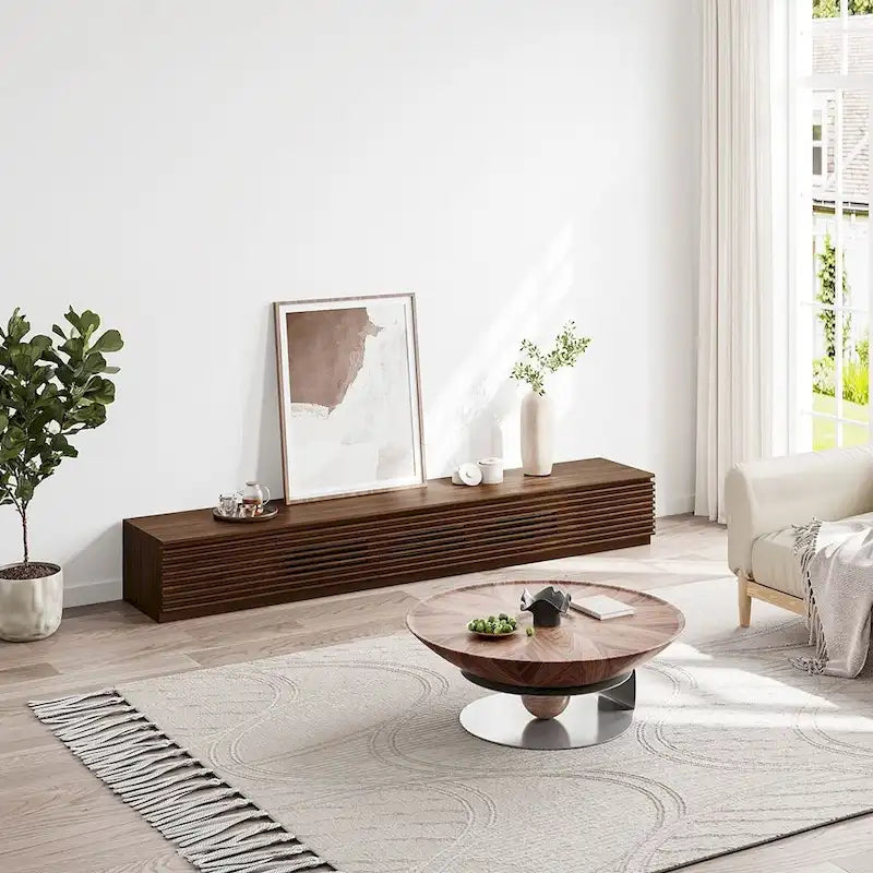 Minimalist TV Stand with DrawersSolid Wood Media Console with Cabinets, Flip-down Door, Walnut Veneer, Fully-Assembled