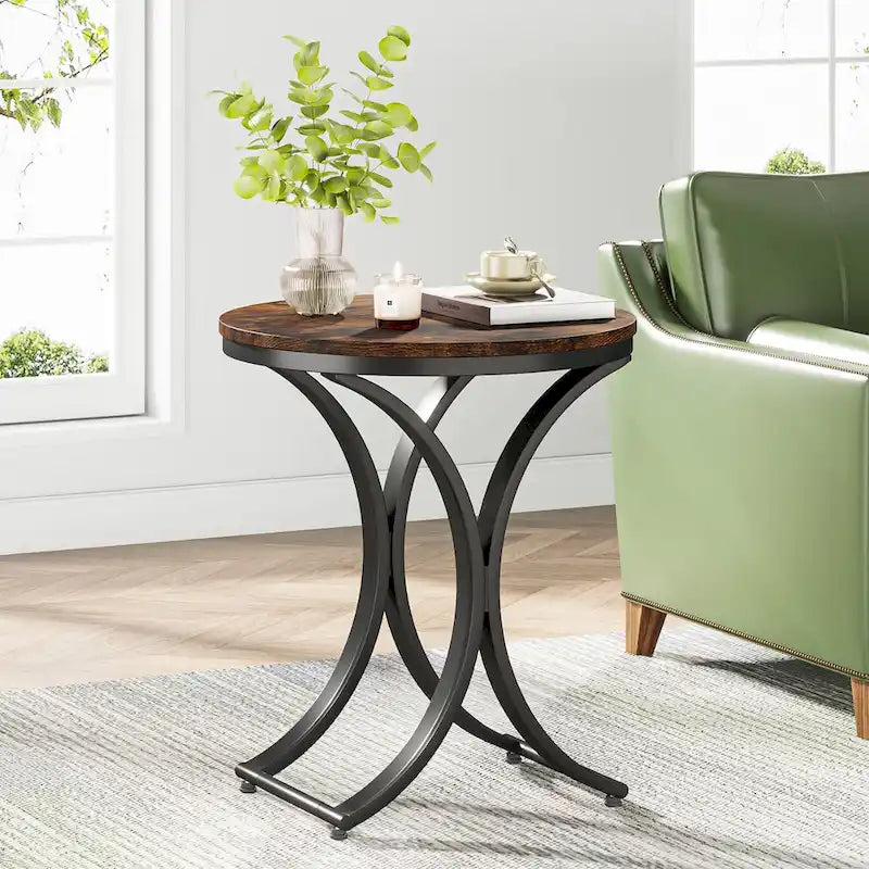 Petite table d'appoint ronde moderne, bout de canapé ou table de chevet avec structure en métal doré et plateau en bois d'ingénierie aspect marbre pour salon