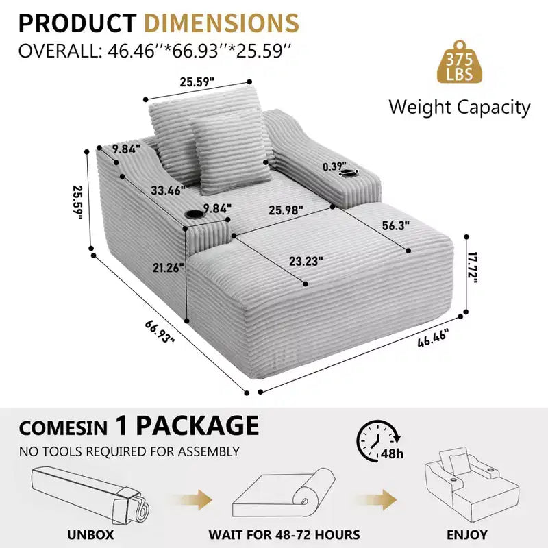 Chaise longue de 170 cm, canapé-lit intérieur avec 2 oreillers, canapé simple sans armature pour salon, aucun assemblage requis