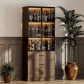 Armoire de Rangement de Cuisine Famapy avec Étagère Réglable, Vaisselier de Cuisine 3 Lumières, Meuble Haut de Cuisine avec Porte Vitrée, Organiseur Grain de Bois Foncé pour Cuisine et Bar