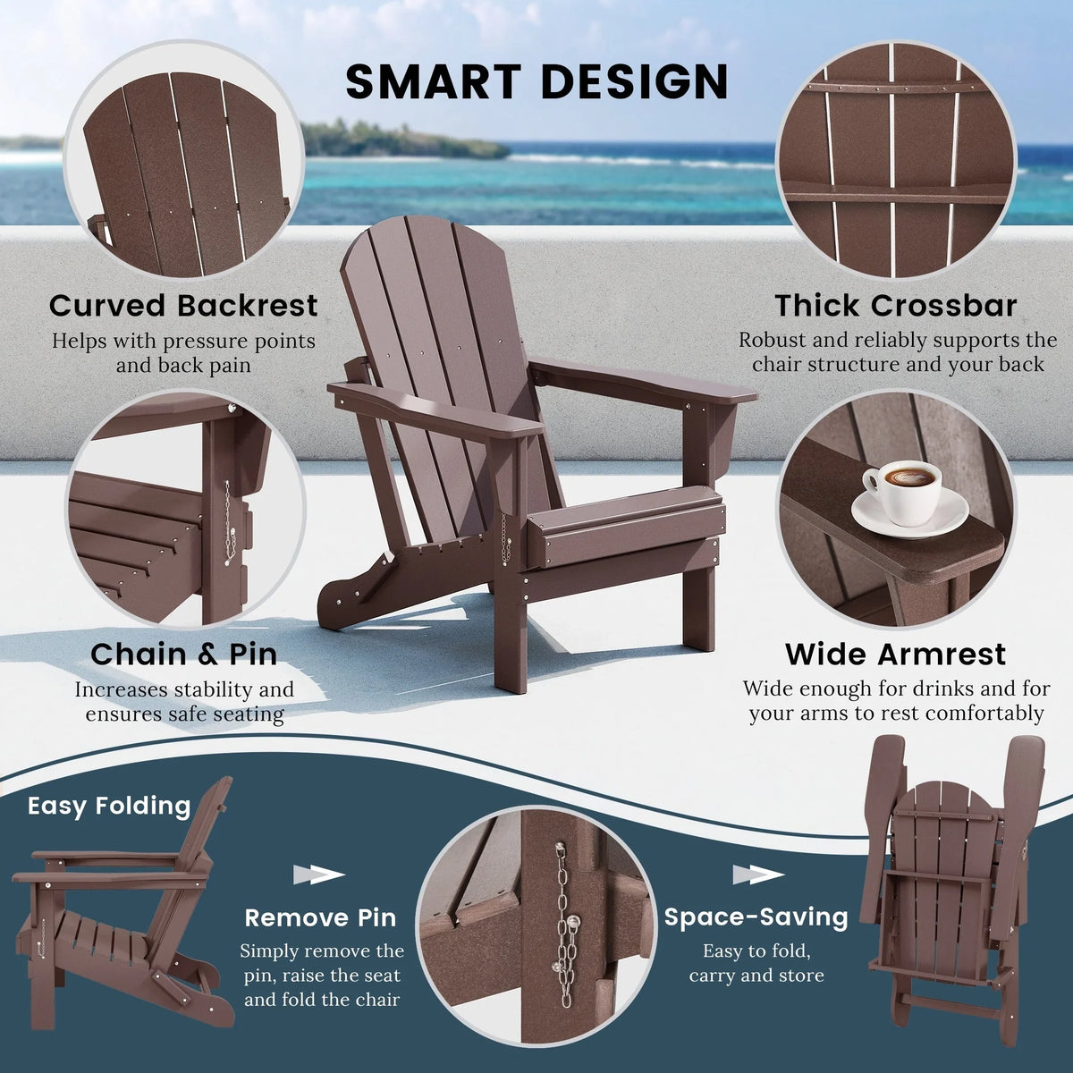Polytrends Laguna Fade Resistant All Weather Outdoor Patio Folding Adirondack Chair