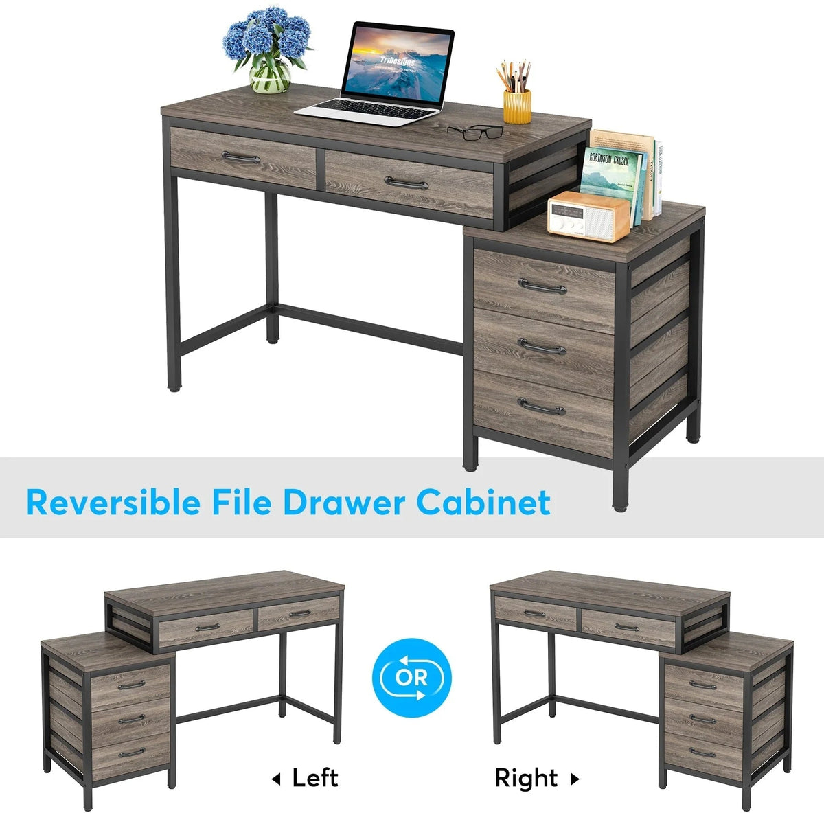 Bureau d'ordinateur réversible avec 5 tiroirs, bureau de travail à domicile avec caisson de rangement pour dossiers et support pour imprimante