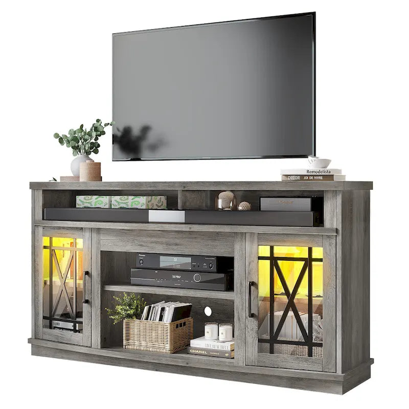 Meuble TV haut 2 portes avec lumières LED Moasis de 59 pouces pour téléviseurs jusqu'à 70 pouces