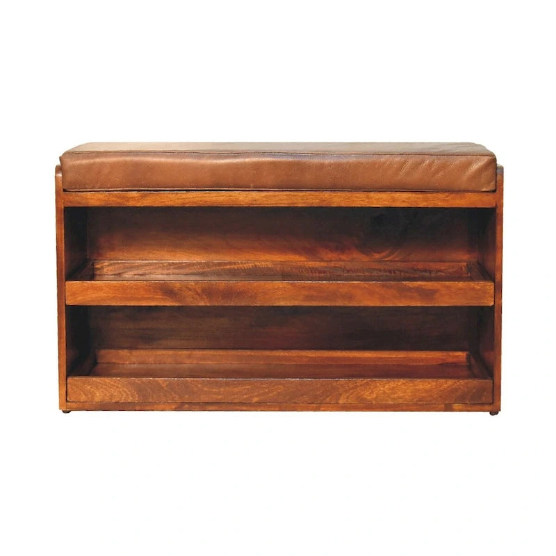 Banc de rangement pour chaussures en cuir de buffle marron, avec tiroir coulissant