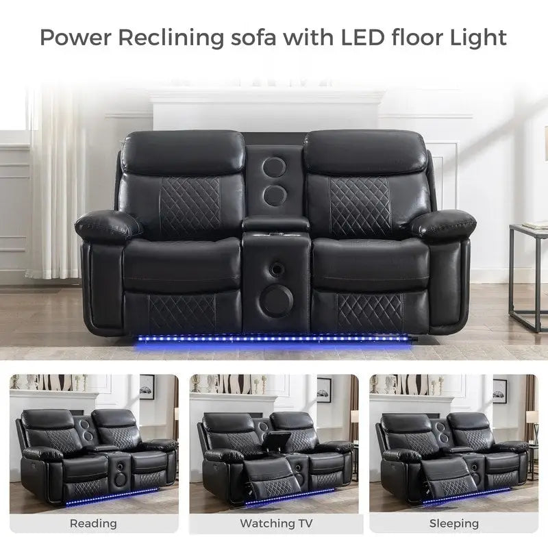 Power Reclining Sofa with Wireless Charger,Reading Light,LED Light for Living Room,Faux Leather,AC/USB Port,Cup Holder,Black