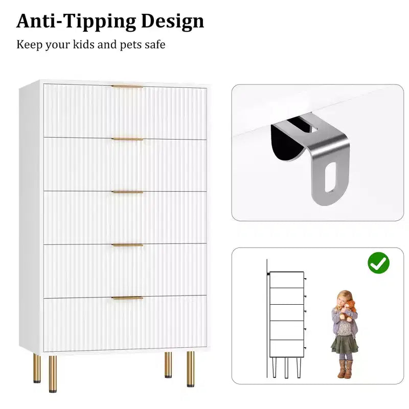 White / Marble & Wood 5-Drawer Dresser ¨C Fluted Panel, for 1 Person Use