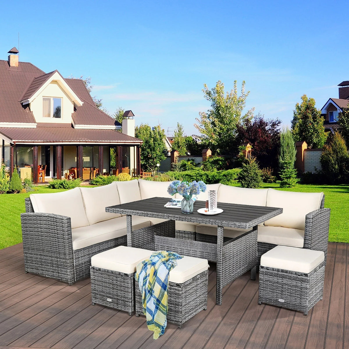 Costway 7 PCS Patio Rattan Dining Set Sectional Sofa Couch Ottoman - See Details