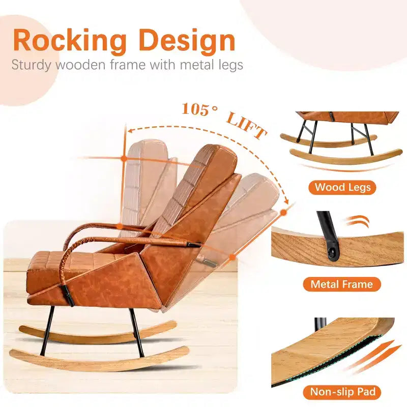 VECELO Fauteuil à bascule en similicuir/tissu Teddy, fauteuil inclinable de salon moderne avec assise rembourrée, base en bois massif sécurisée Blanc/Marron