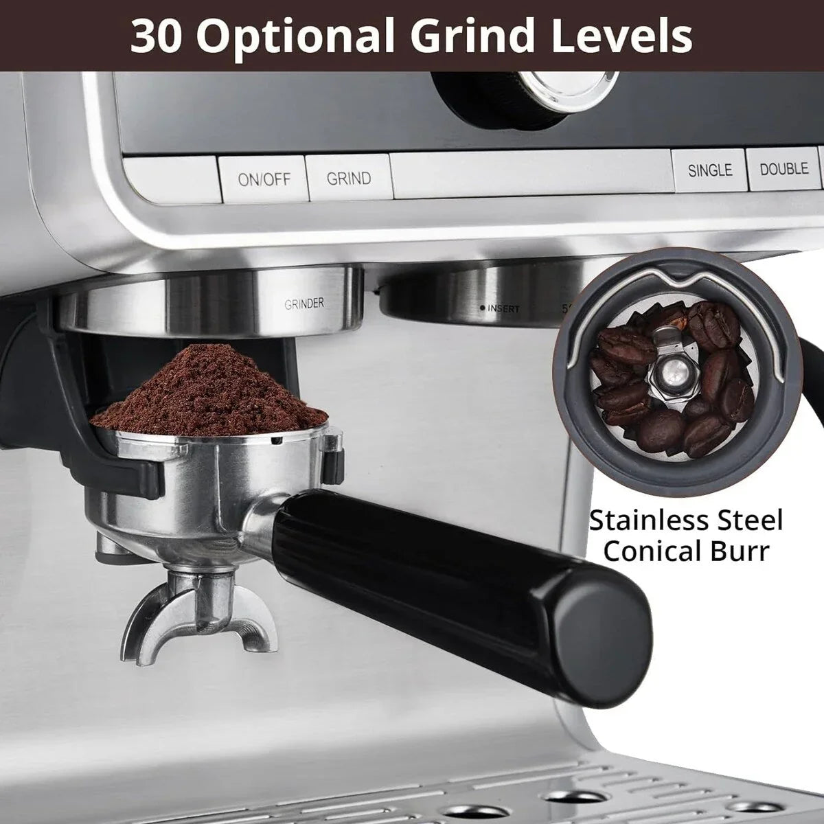 Espresso Coffee Maker, with Grinder, 2.8 L Water Tank