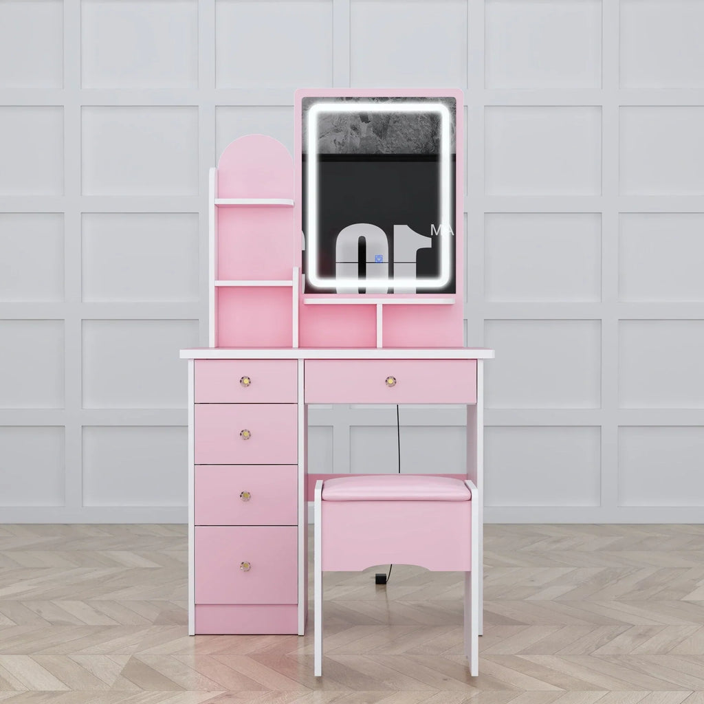 Coiffeuse avec éclairage LED, miroir et tabouret