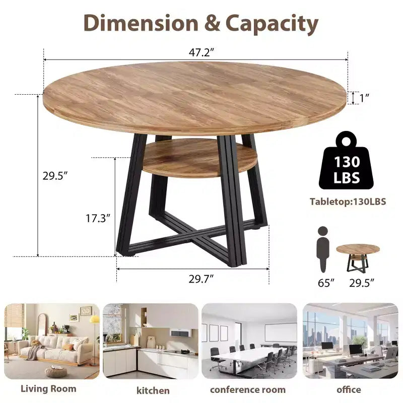 Table de salle à manger ronde pour 4 à 6 personnes, table de cuisine de 120 cm avec étagère de rangement, table à manger en bois avec base en métal pour salon, sans chaises