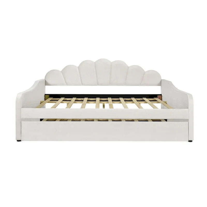 Full Size Upholstered Daybed with Shell Backrest and Trundle