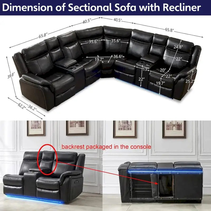 Canapé d'angle inclinable électrique avec lumières LED, fauteuil inclinable en similicuir, porte-gobelets en forme de L, port USB pour salon noir