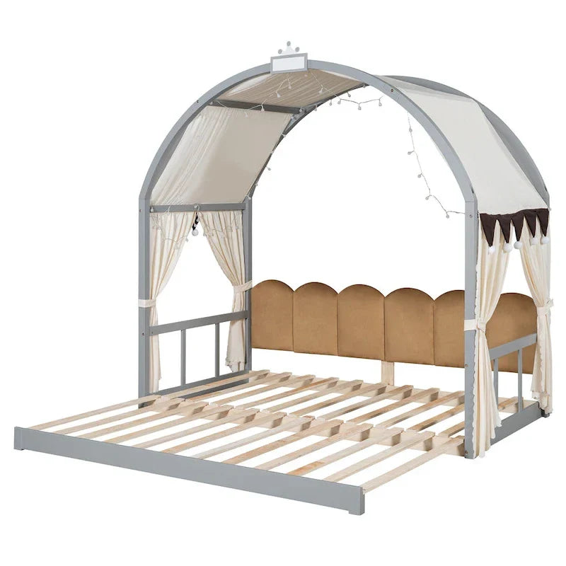 Lit plateforme Montessori au sol en bois massif, style maisonnette avec toit arqué et lit gigogne, pour filles et garçons
