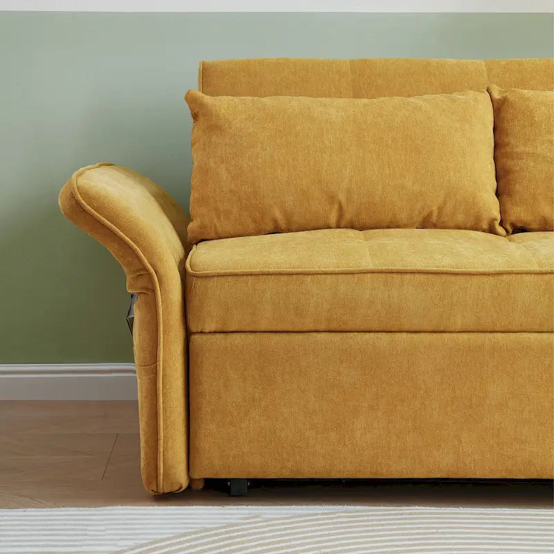 Yellow Chenille Fabric Pull-Out Sofa Bed Sleeper - 39.00 x 53.50 x 31.50