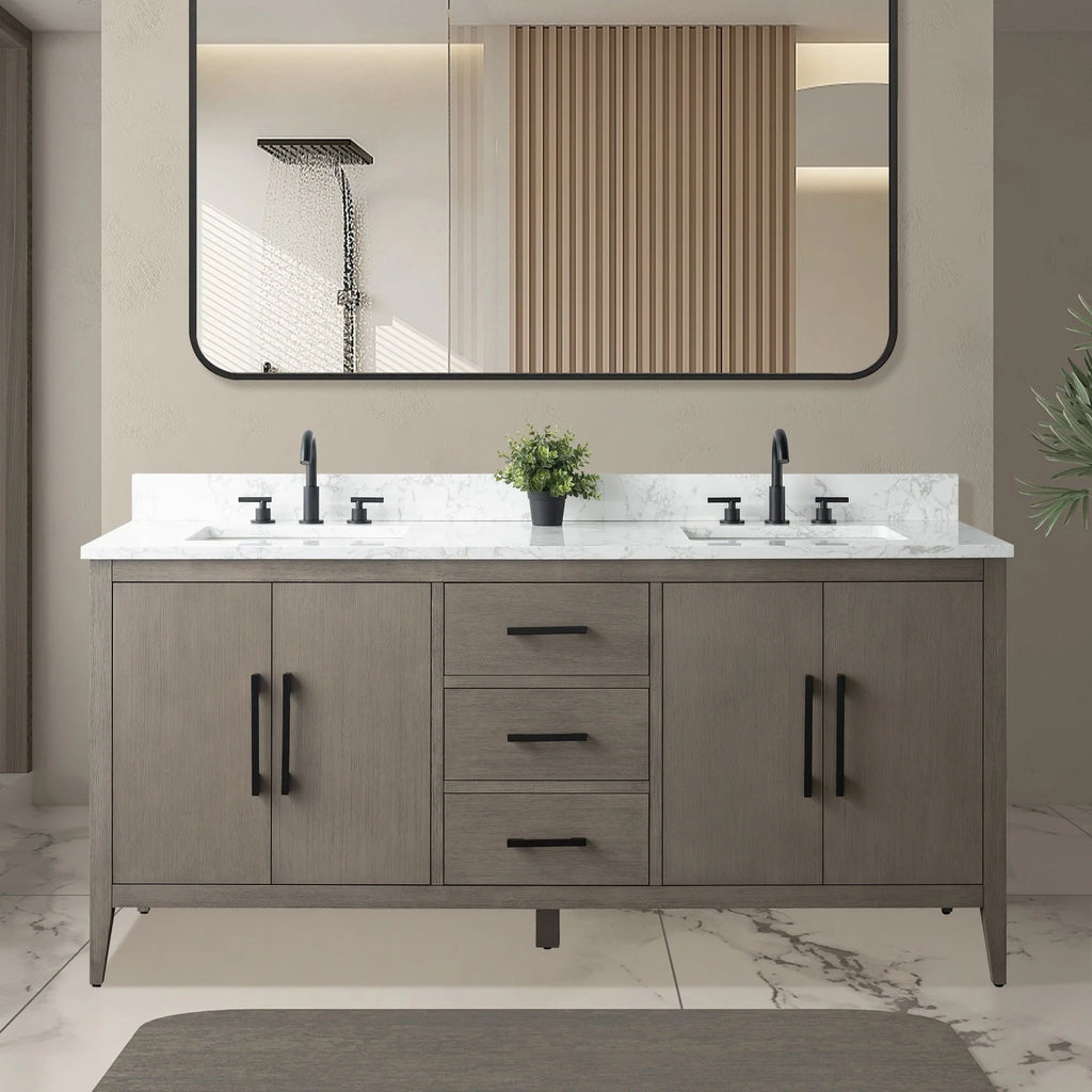 Vanity Art 72 Double Sink Bathroom Vanity Cabinet with Engineered Marble Top