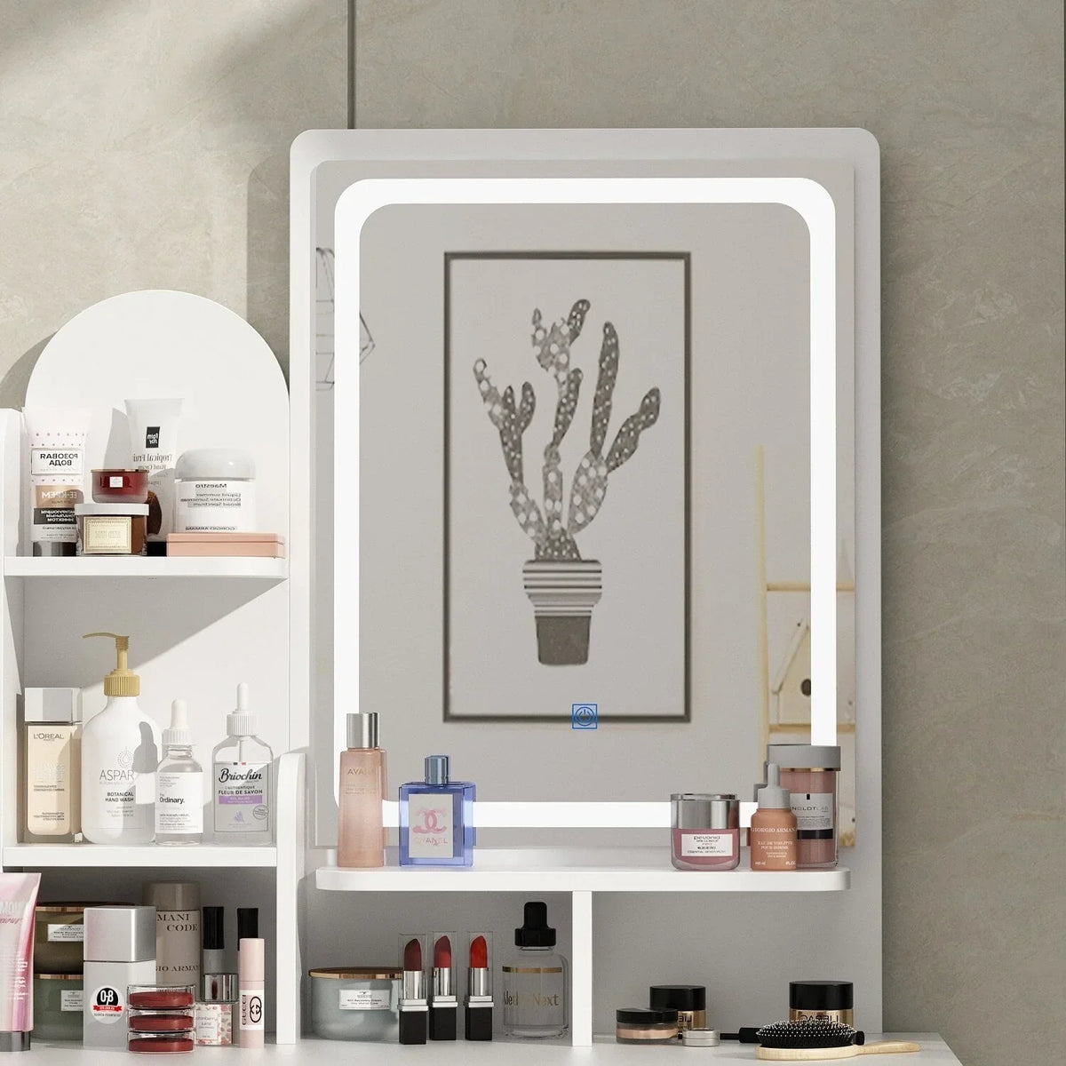 Coiffeuse avec éclairage LED, miroir et tabouret