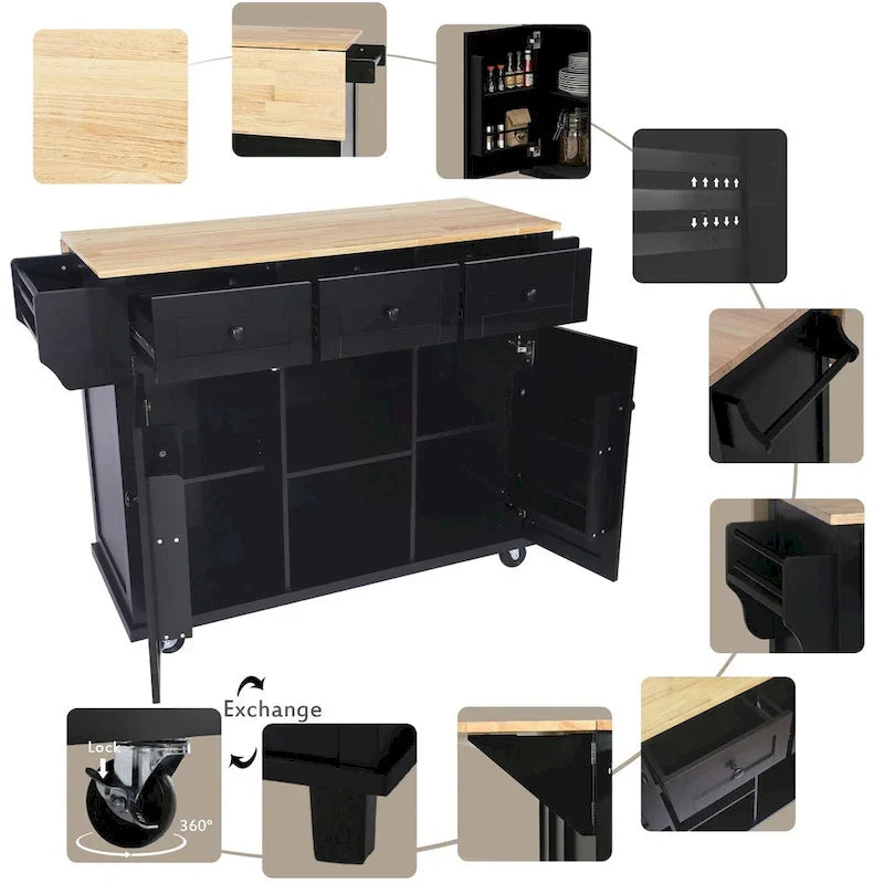 Kitchen Cart With Rubber Wood Drop-Leaf Countertop