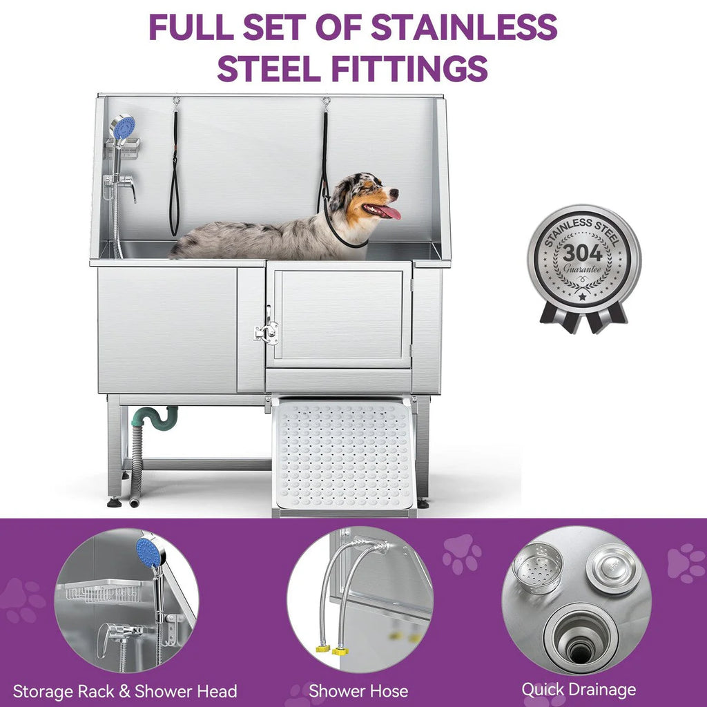 50'' W Stainless Steel Adjustable Pet Grooming Tub with Steps Ramp
