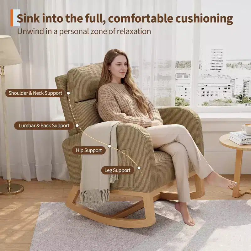 Fauteuil à bascule moderne avec oreiller et poches latérales, pour salon, chambre à coucher