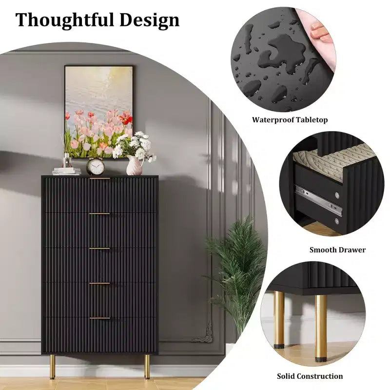 White / Marble & Wood 5-Drawer Dresser ¨C Fluted Panel, for 1 Person Use