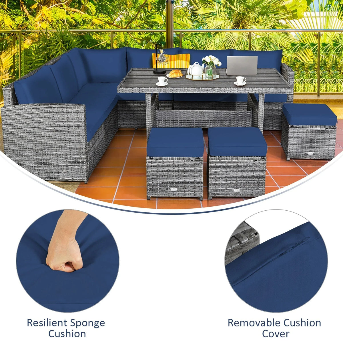 Costway 7 PCS Patio Rattan Dining Set Sectional Sofa Couch Ottoman - See Details