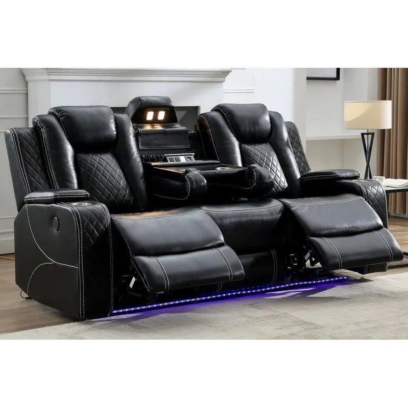 Power Reclining Sofa with Wireless Charger,Reading Light for Living Room,Faux Leather LED Light,AC/USB Port,Cup Holder,Black
