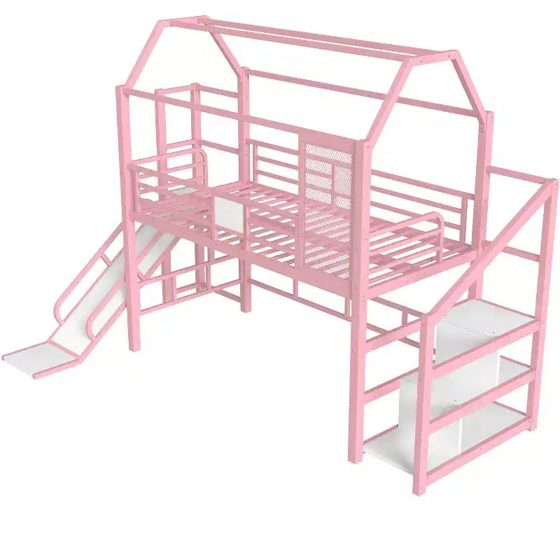 Lit mezzanine cabane avec toboggan et escalier de rangement - Cadre métallique pour enfants et adolescents