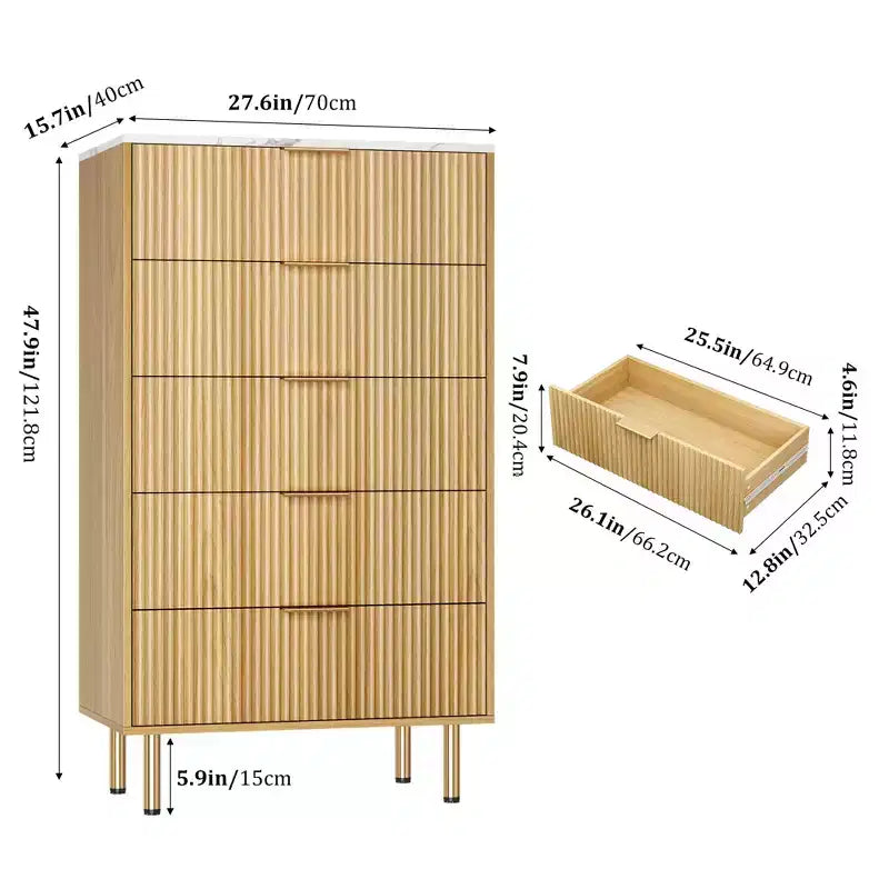 White / Marble & Wood 5-Drawer Dresser ¨C Fluted Panel, for 1 Person Use