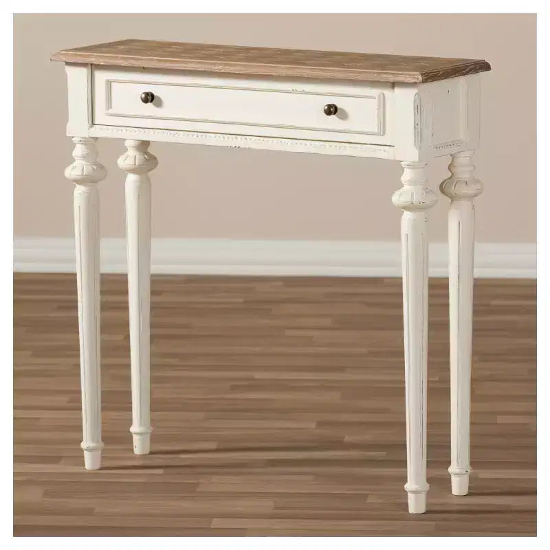 Table console style provincial français en marqueterie, chêne patiné et bois vieilli - Blanc - Baxton Studio : Vintage, pieds sculptés