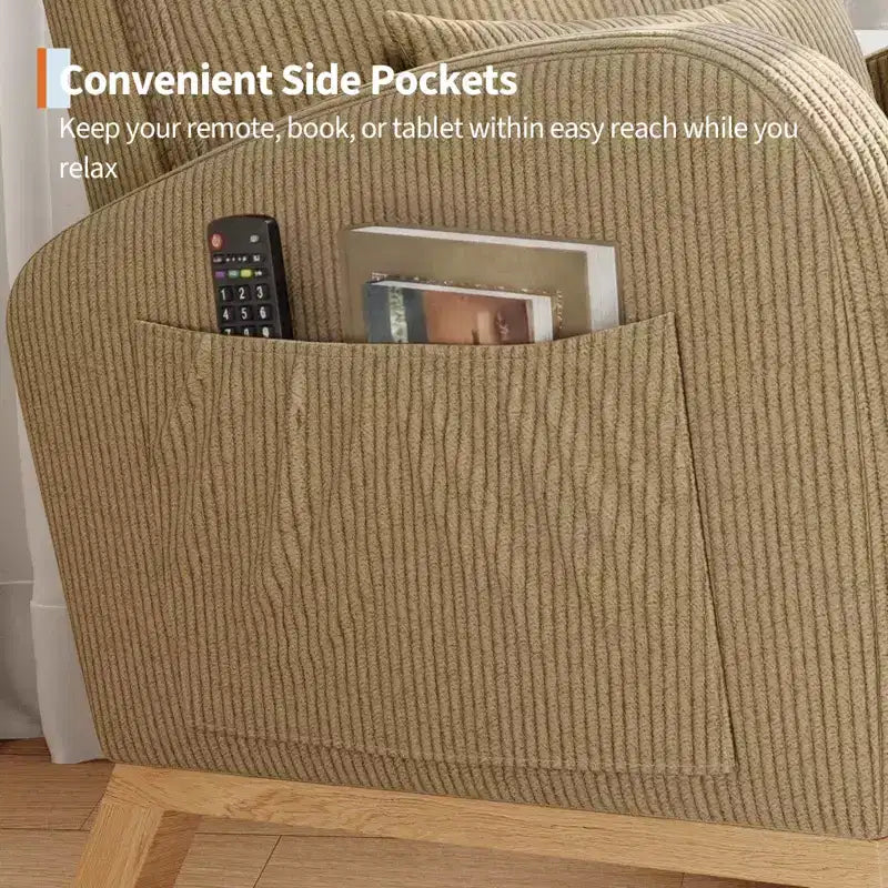 Fauteuil à bascule moderne avec oreiller et poches latérales, pour salon, chambre à coucher