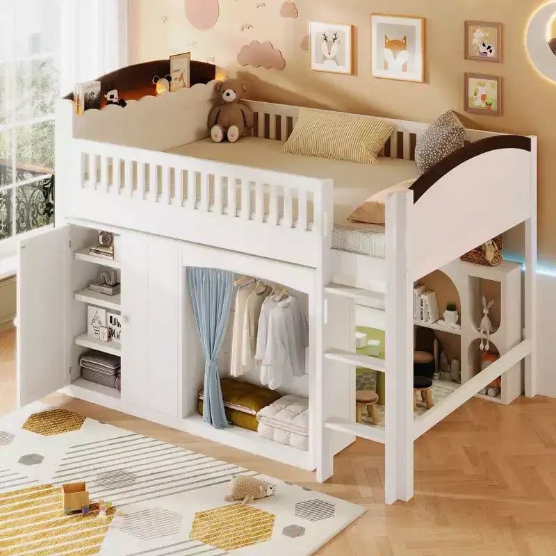 Lit mezzanine GDFStudio Bishop avec armoire de rangement, penderie et LED