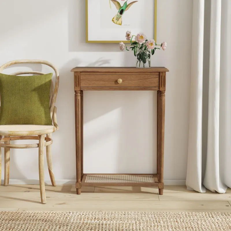 Table d'appoint console à 1 tiroir en bois massif et étagère en cannage Lenora par East at Main