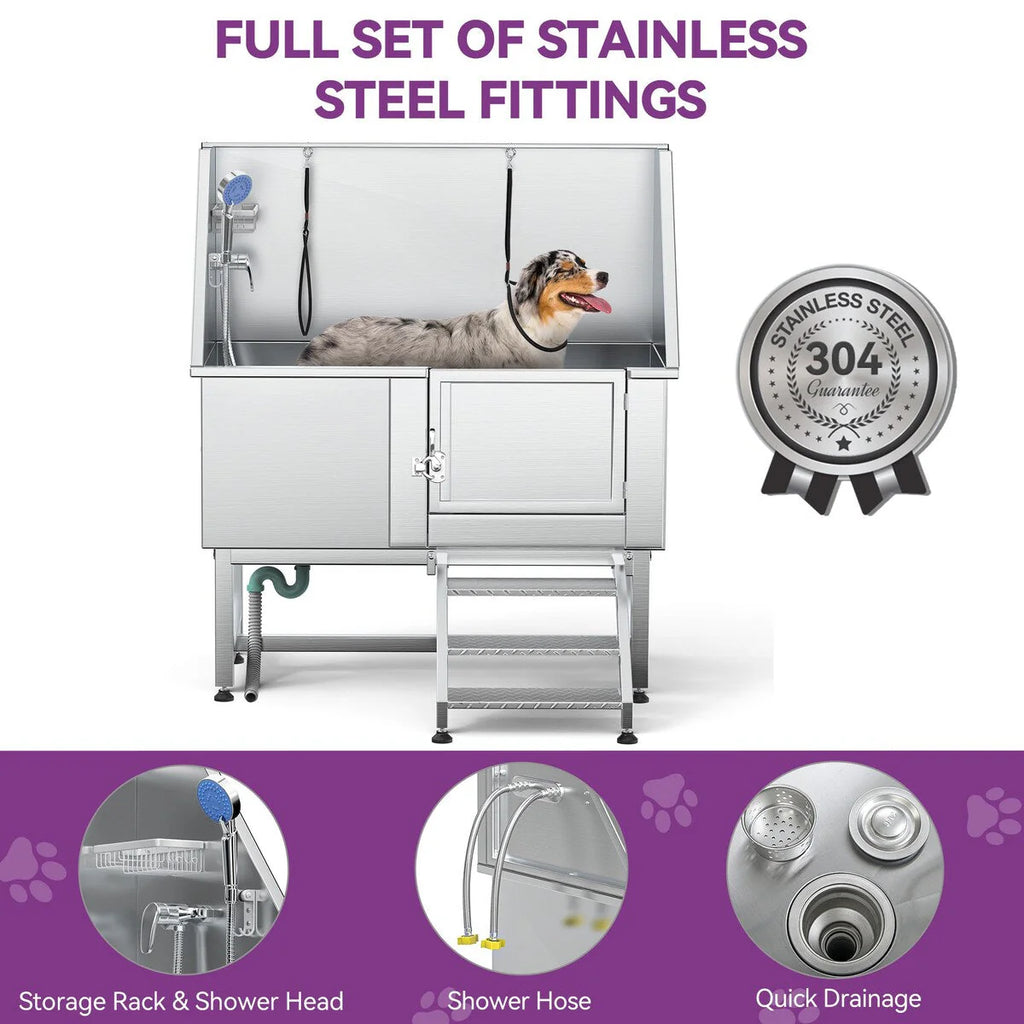 50'' W Stainless Steel Adjustable Pet Grooming Tub with Steps Ramp