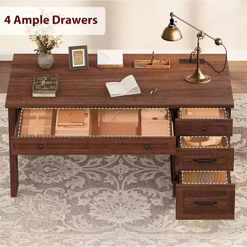 Bureau de travail style Ferme avec station de charge et classeur, 136 cm