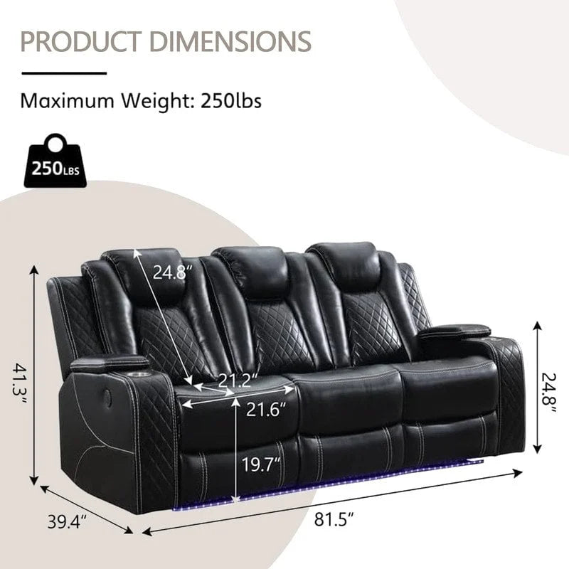 Power Reclining Sofa with Wireless Charger,Reading Light for Living Room,Faux Leather LED Light,AC/USB Port,Cup Holder,Black