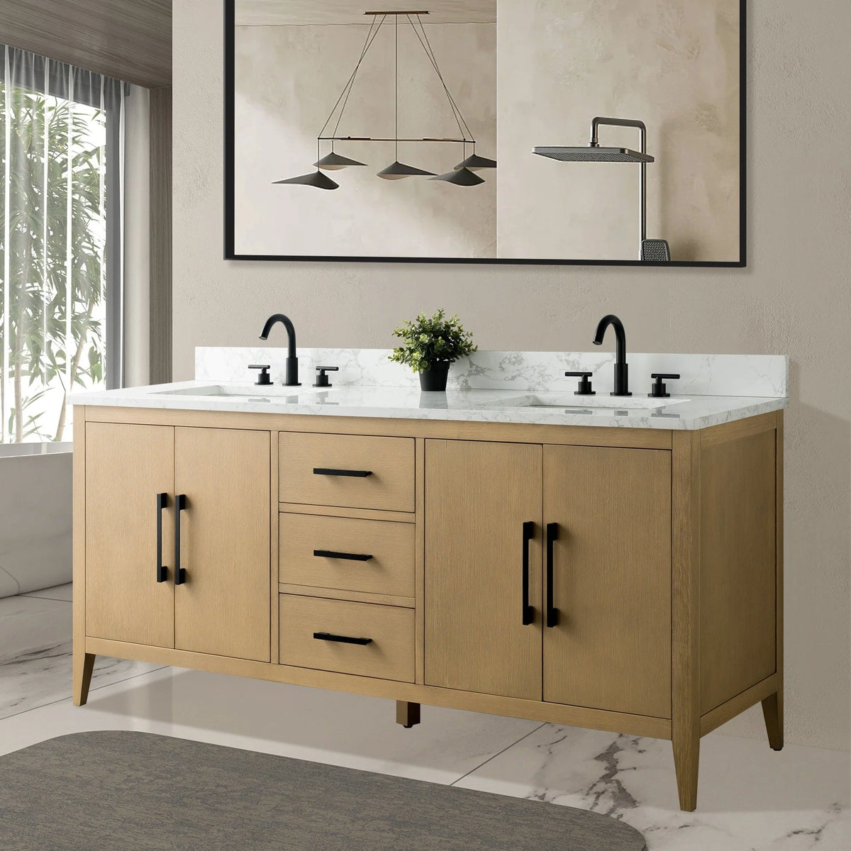Vanity Art 72 Double Sink Bathroom Vanity Cabinet with Engineered Marble Top