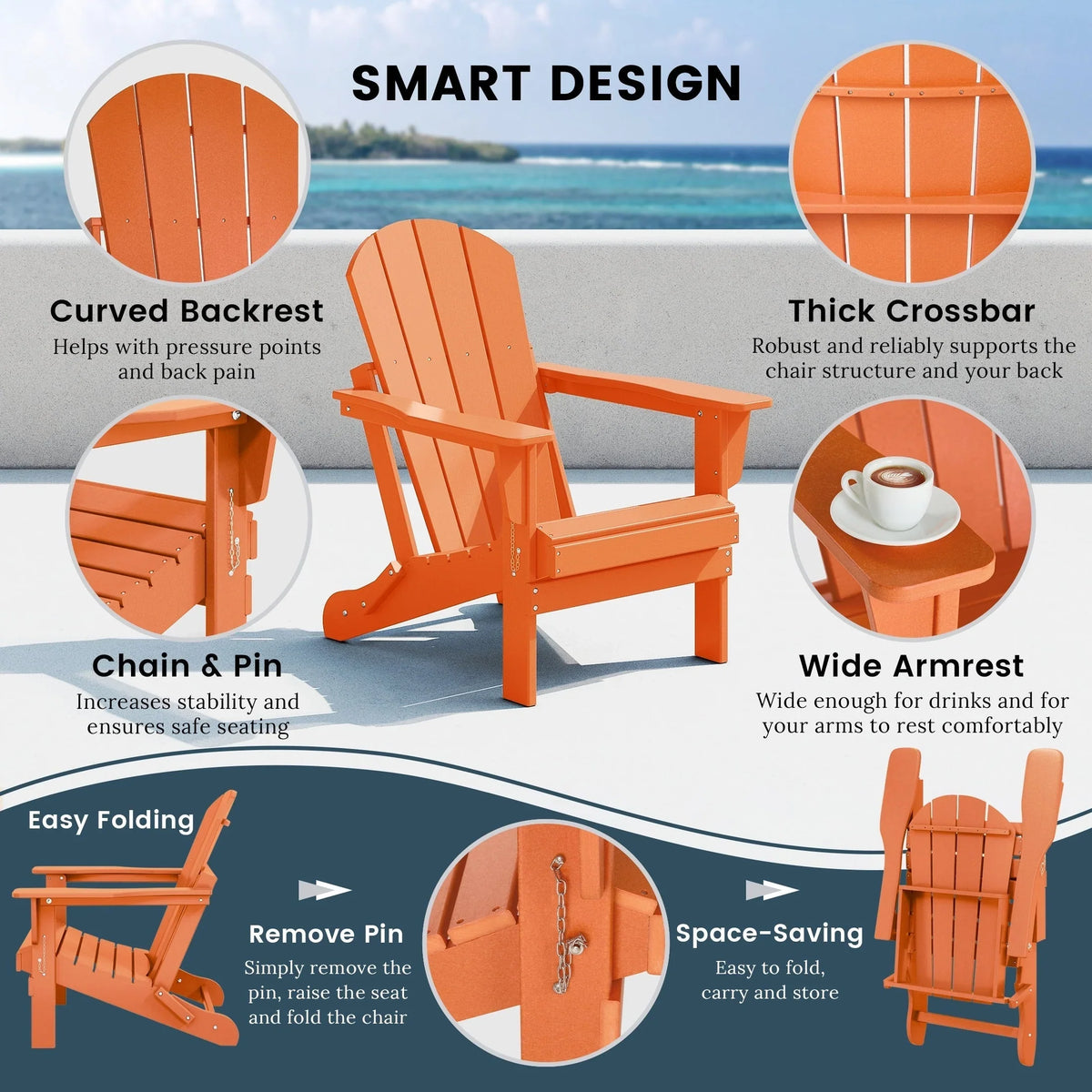 Polytrends Laguna Fade Resistant All Weather Outdoor Patio Folding Adirondack Chair
