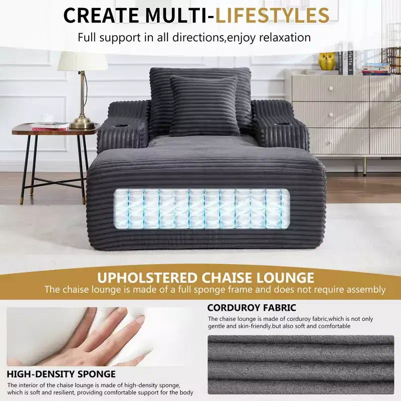 Chaise longue de 170 cm, canapé-lit intérieur avec 2 oreillers, canapé simple sans armature pour salon, aucun assemblage requis