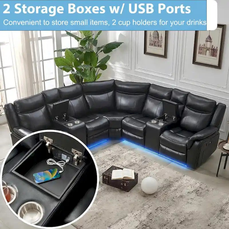 Canapé d'angle inclinable électrique avec lumières LED, fauteuil inclinable en similicuir, porte-gobelets en forme de L, port USB pour salon noir
