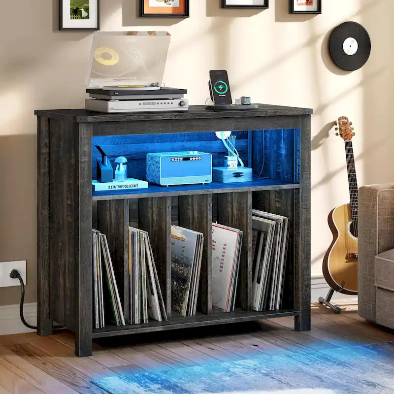 Grand meuble pour platine vinyle avec prises de courant et lumières LED Meuble de rangement pour platine vinyle