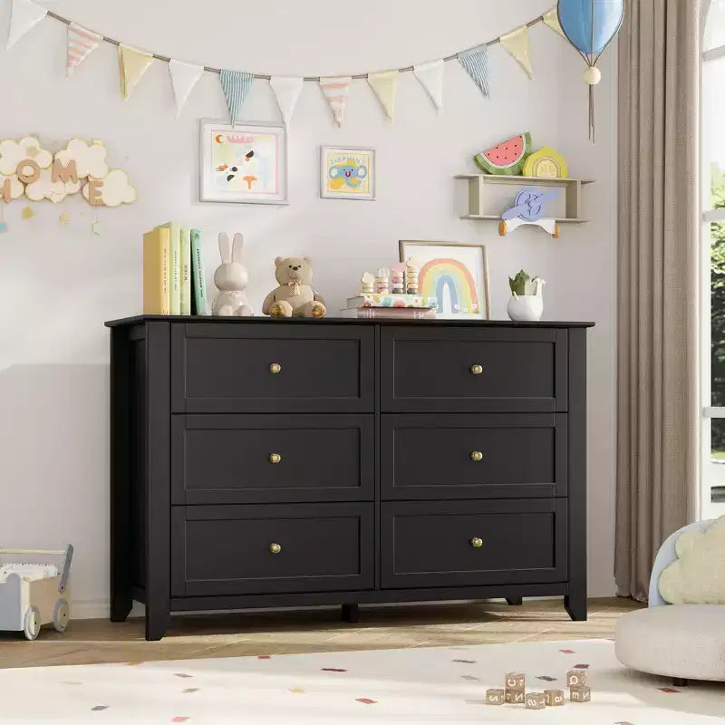 Commode à 6 tiroirs pour chambre à coucher, grande commode avec tiroirs profonds et poignées en métal, commodes modernes en bois pour entrée, couloir