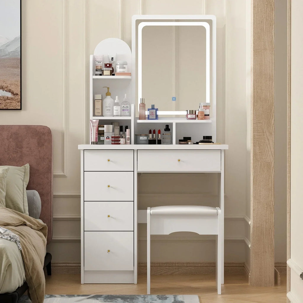 Coiffeuse avec éclairage LED, miroir et tabouret