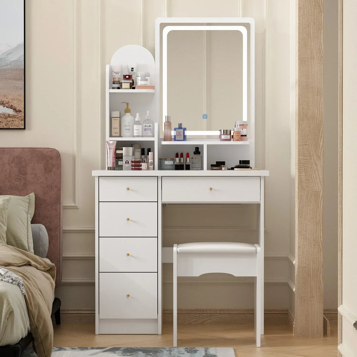 Coiffeuse avec éclairage LED, miroir et tabouret